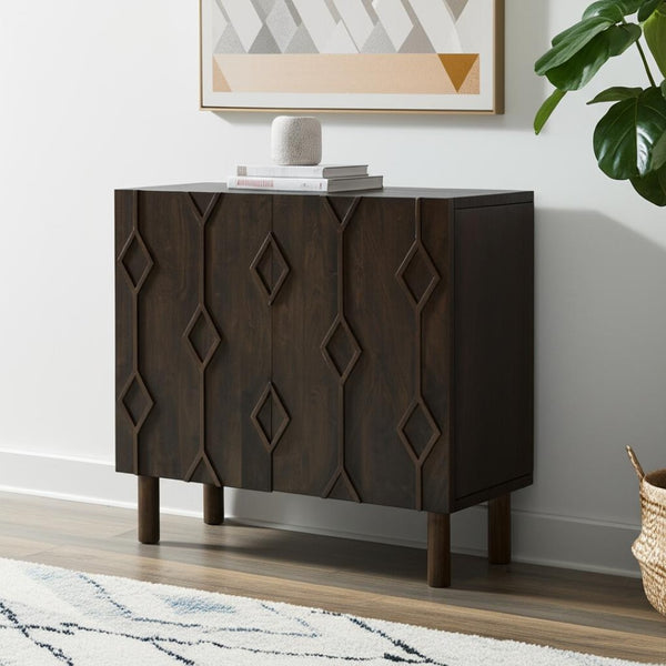 HomeRoots 36" Dark Brown Solid Wood Geometric Accent Cabinet – Stylish Storage Solution for Any Space! 611065