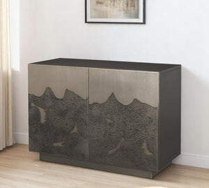HomeRoots 30" Gray Distressed Metal Accent Cabinet with Textured Doors – Stylish Storage for Any Room 611068
