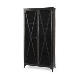 HomeRoots 38" Black Glass and Metal Display Cabinet - Modern Industrial Storage with 2 Doors & 4 Tiers 611069