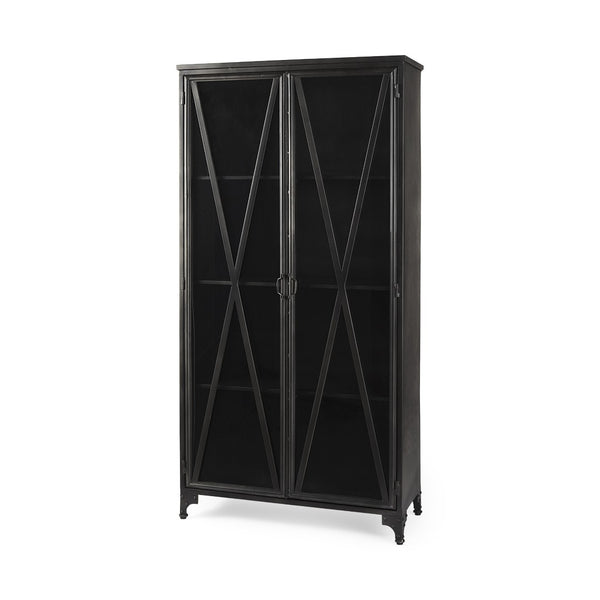 HomeRoots 38" Black Glass and Metal Display Cabinet - Modern Industrial Storage with 2 Doors & 4 Tiers 611069