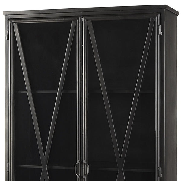 HomeRoots 38" Black Glass and Metal Display Cabinet - Modern Industrial Storage with 2 Doors & 4 Tiers 611069