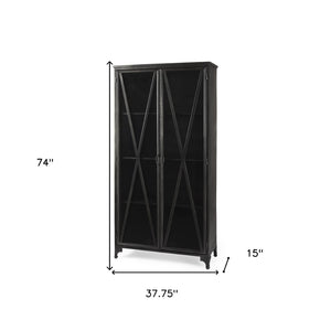 HomeRoots 38" Black Glass and Metal Display Cabinet - Modern Industrial Storage with 2 Doors & 4 Tiers 611069