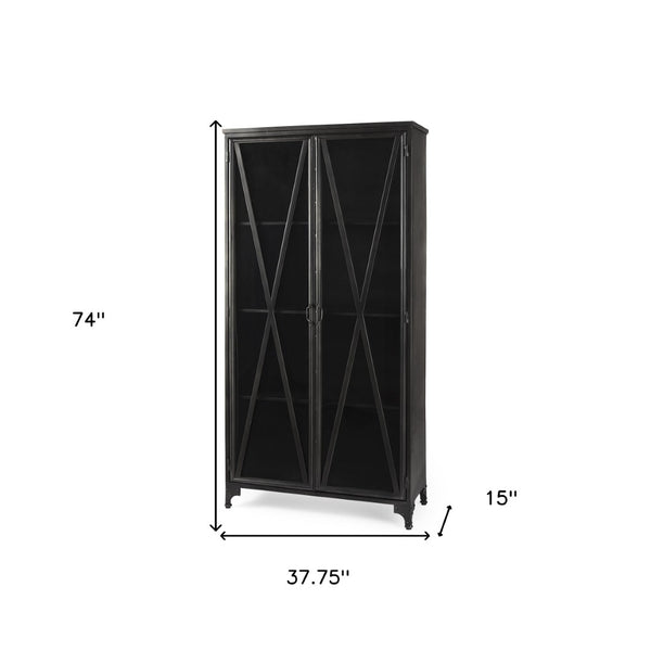 HomeRoots 38" Black Glass and Metal Display Cabinet - Modern Industrial Storage with 2 Doors & 4 Tiers 611069