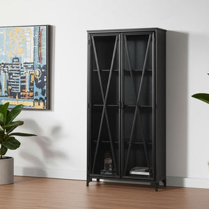 HomeRoots 38" Black Glass and Metal Display Cabinet - Modern Industrial Storage with 2 Doors & 4 Tiers 611069