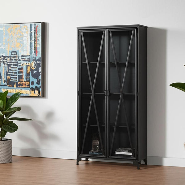 HomeRoots 38" Black Glass and Metal Display Cabinet - Modern Industrial Storage with 2 Doors & 4 Tiers 611069