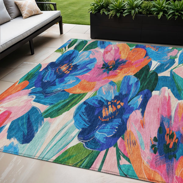 HomeRoots 5' Stylish Navy Blue Floral Area Rug - Durable, Washable, Indoor/Outdoor Perfect for Any Space 5' X 8' 611072