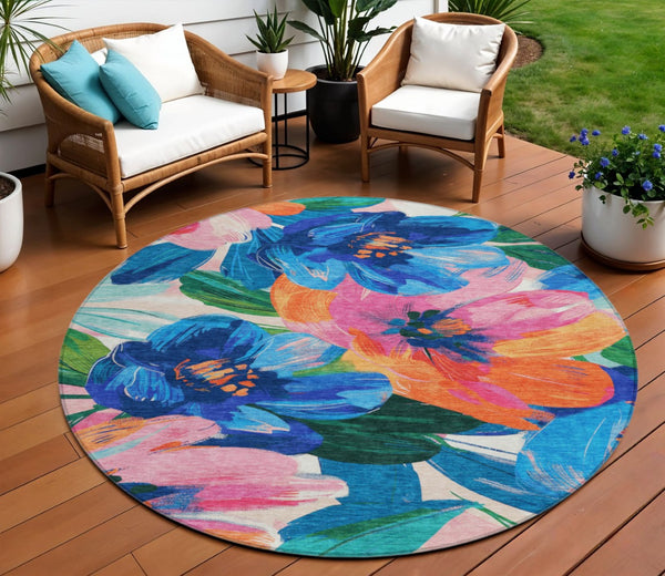 HomeRoots 5' Stylish Navy Blue Floral Area Rug - Durable, Washable, Indoor/Outdoor Perfect for Any Space 8' Round 611073