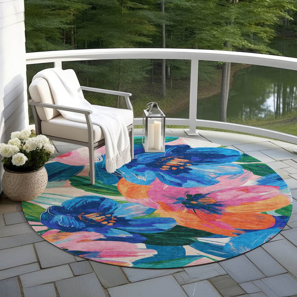 HomeRoots 5' Stylish Navy Blue Floral Area Rug - Durable, Washable, Indoor/Outdoor Perfect for Any Space 8' Round 611073
