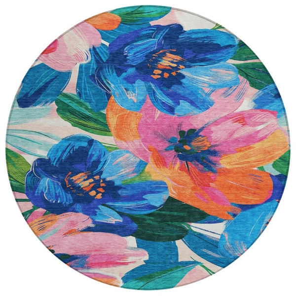 HomeRoots 5' Stylish Navy Blue Floral Area Rug - Durable, Washable, Indoor/Outdoor Perfect for Any Space 8' Round 611073