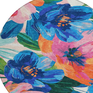 HomeRoots 5' Stylish Navy Blue Floral Area Rug - Durable, Washable, Indoor/Outdoor Perfect for Any Space 8' Round 611073