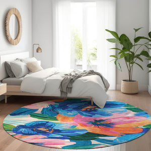 HomeRoots 5' Stylish Navy Blue Floral Area Rug - Durable, Washable, Indoor/Outdoor Perfect for Any Space 8' Round 611073