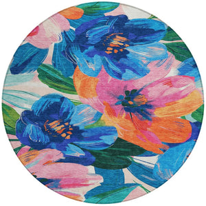 HomeRoots 5' Stylish Navy Blue Floral Area Rug - Durable, Washable, Indoor/Outdoor Perfect for Any Space 8' Round 611073