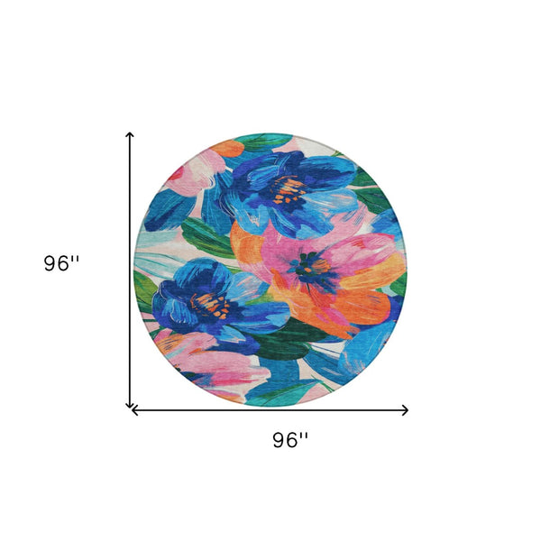 HomeRoots 5' Stylish Navy Blue Floral Area Rug - Durable, Washable, Indoor/Outdoor Perfect for Any Space 8' Round 611073