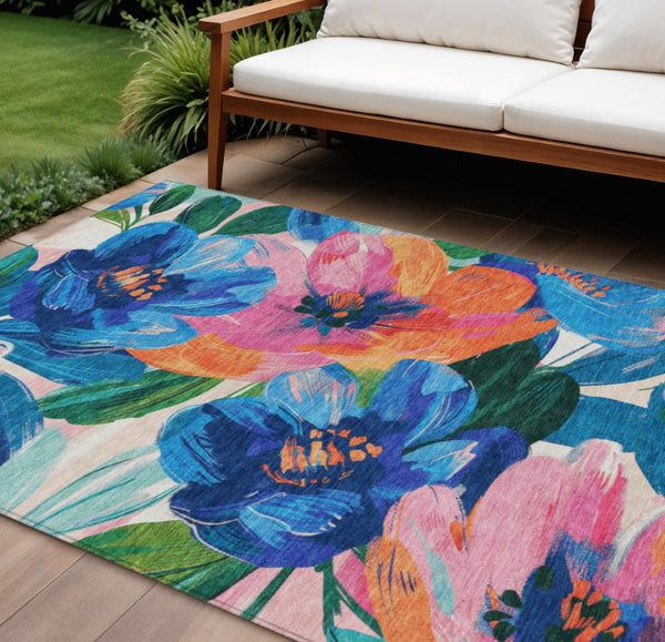 HomeRoots 5' Stylish Navy Blue Floral Area Rug - Durable, Washable, Indoor/Outdoor Perfect for Any Space 8' X 10' 611074