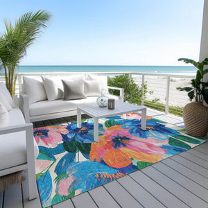 HomeRoots 5' Stylish Navy Blue Floral Area Rug - Durable, Washable, Indoor/Outdoor Perfect for Any Space 8' X 10' 611074