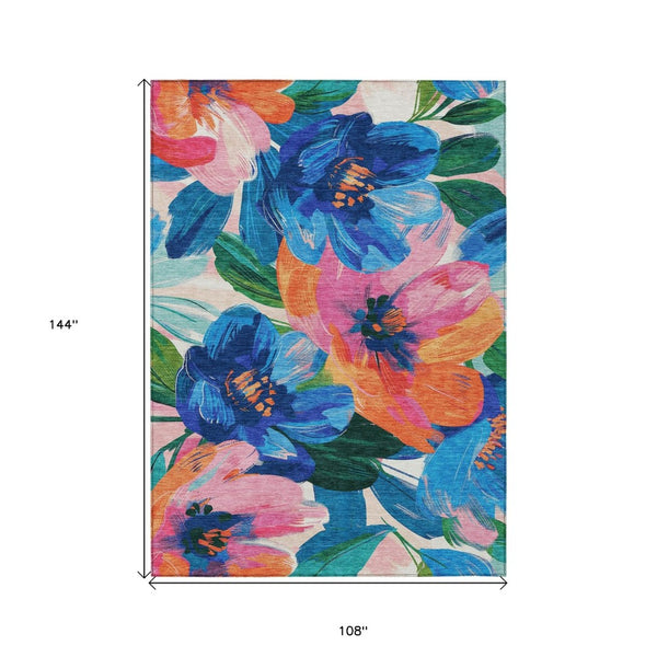 HomeRoots 5' Stylish Navy Blue Floral Area Rug - Durable, Washable, Indoor/Outdoor Perfect for Any Space 9' X 12' 611075