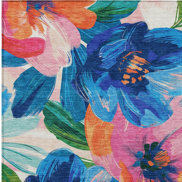HomeRoots 5' Stylish Navy Blue Floral Area Rug - Durable, Washable, Indoor/Outdoor Perfect for Any Space 9' X 12' 611075