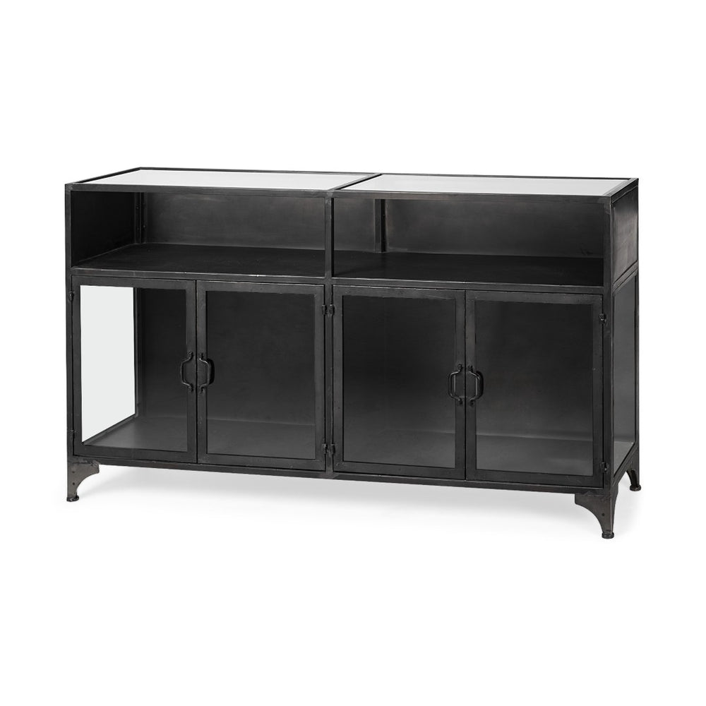 HomeRoots 63" Sleek Black Glass and Metal Display Cabinet - Elegant Storage for Collectibles & Media Center 611077