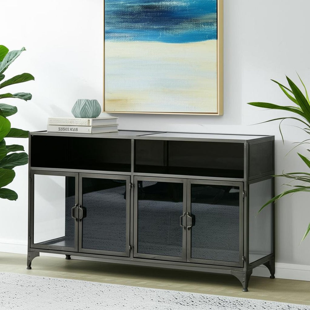 HomeRoots 63" Sleek Black Glass and Metal Display Cabinet - Elegant Storage for Collectibles & Media Center 611077