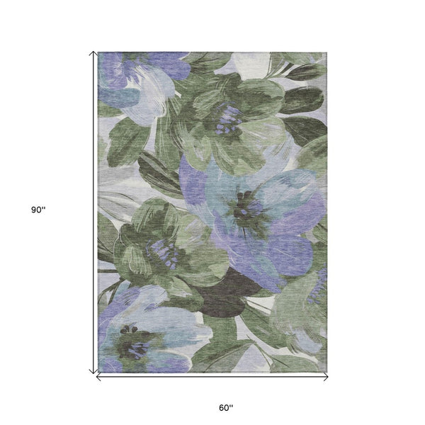 HomeRoots 5' Indoor Outdoor Area Rug in Olive and Fern Green Floral Design – Durable, Machine Washable Comfort 5' X 8' 611079