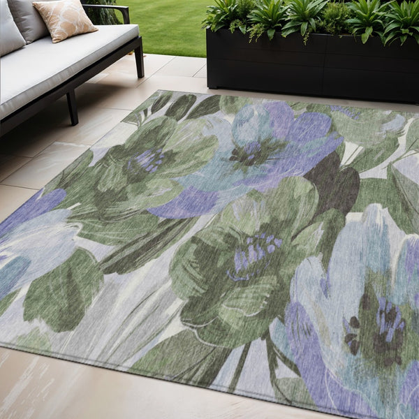 HomeRoots 5' Indoor Outdoor Area Rug in Olive and Fern Green Floral Design – Durable, Machine Washable Comfort 5' X 8' 611079