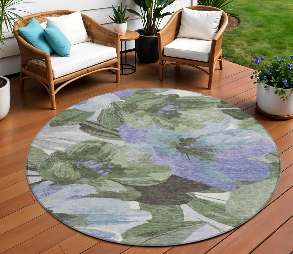 HomeRoots 5' Indoor Outdoor Area Rug in Olive and Fern Green Floral Design – Durable, Machine Washable Comfort 8' Round 611080