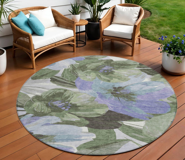 HomeRoots 5' Indoor Outdoor Area Rug in Olive and Fern Green Floral Design – Durable, Machine Washable Comfort 8' Round 611080