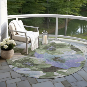 HomeRoots 5' Indoor Outdoor Area Rug in Olive and Fern Green Floral Design – Durable, Machine Washable Comfort 8' Round 611080