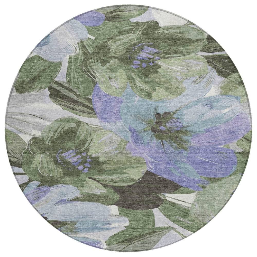 HomeRoots 5' Indoor Outdoor Area Rug in Olive and Fern Green Floral Design – Durable, Machine Washable Comfort 8' Round 611080
