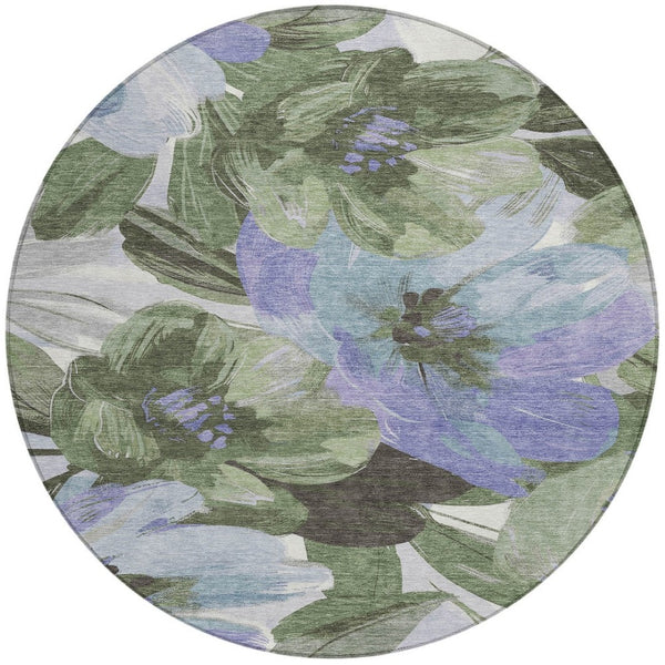 HomeRoots 5' Indoor Outdoor Area Rug in Olive and Fern Green Floral Design – Durable, Machine Washable Comfort 8' Round 611080