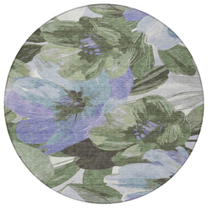 HomeRoots 5' Indoor Outdoor Area Rug in Olive and Fern Green Floral Design – Durable, Machine Washable Comfort 8' Round 611080