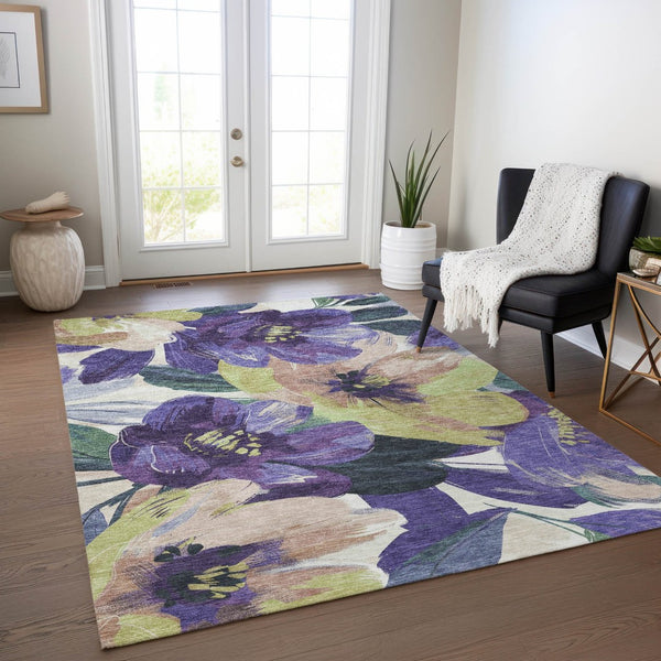 HomeRoots 5' Purple and Lavender Floral Area Rug - Durable, Washable Design for Indoor and Outdoor Spaces 5' X 8' 611085