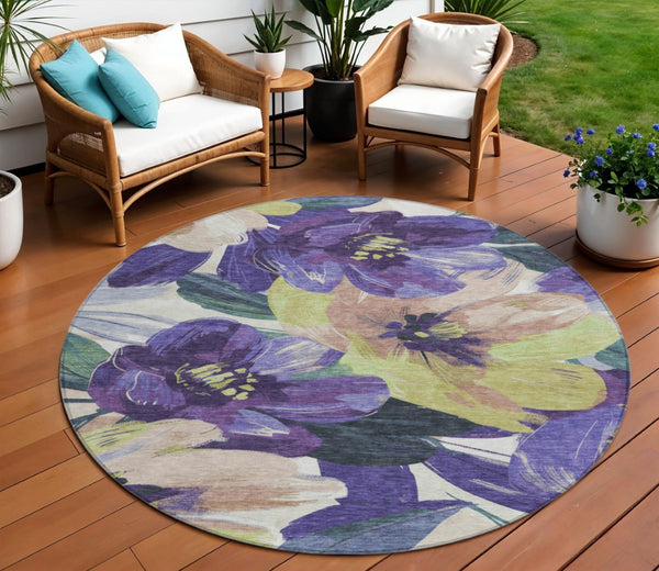 HomeRoots 5' Purple and Lavender Floral Area Rug - Durable, Washable Design for Indoor and Outdoor Spaces 8' Round 611086