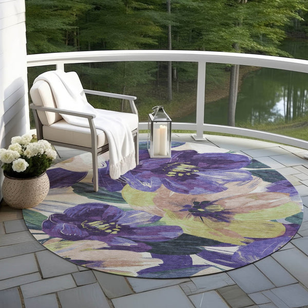 HomeRoots 5' Purple and Lavender Floral Area Rug - Durable, Washable Design for Indoor and Outdoor Spaces 8' Round 611086