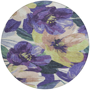 HomeRoots 5' Purple and Lavender Floral Area Rug - Durable, Washable Design for Indoor and Outdoor Spaces 8' Round 611086