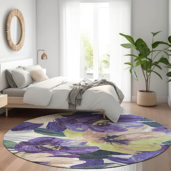 HomeRoots 5' Purple and Lavender Floral Area Rug - Durable, Washable Design for Indoor and Outdoor Spaces 8' Round 611086