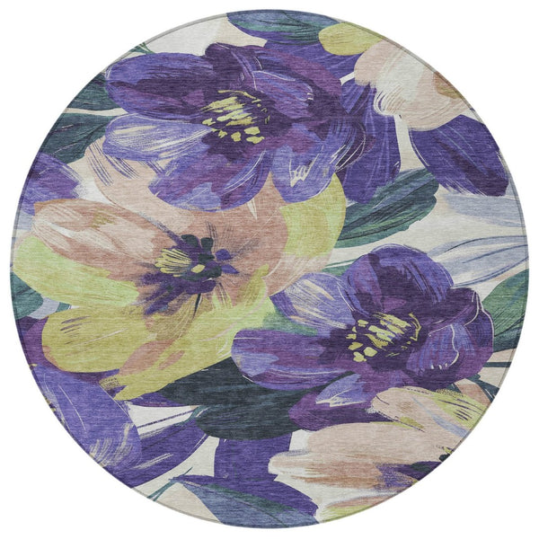 HomeRoots 5' Purple and Lavender Floral Area Rug - Durable, Washable Design for Indoor and Outdoor Spaces 8' Round 611086