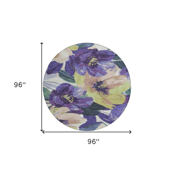 HomeRoots 5' Purple and Lavender Floral Area Rug - Durable, Washable Design for Indoor and Outdoor Spaces 8' Round 611086