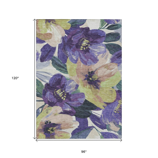 HomeRoots 5' Purple and Lavender Floral Area Rug - Durable, Washable Design for Indoor and Outdoor Spaces 8' X 10' 611087