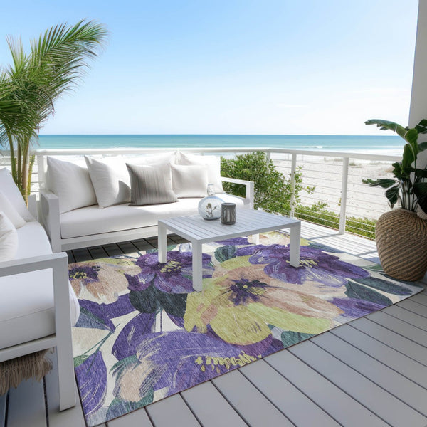 HomeRoots 5' Purple and Lavender Floral Area Rug - Durable, Washable Design for Indoor and Outdoor Spaces 9' X 12' 611088