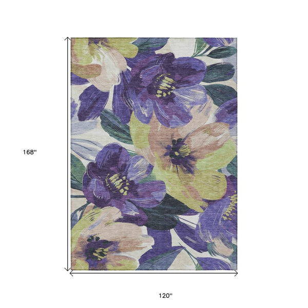 HomeRoots 5' Purple and Lavender Floral Area Rug - Durable, Washable Design for Indoor and Outdoor Spaces 10' X 14' 611089
