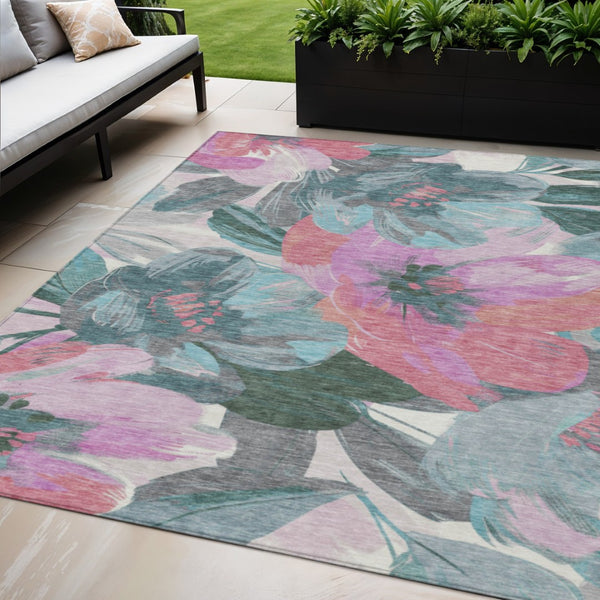 HomeRoots 5' Teal Blue and Aqua Floral Area Rug - Durable, Washable Design for Indoor and Outdoor Spaces 5' X 8' 611097