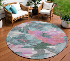 HomeRoots 5' Teal Blue and Aqua Floral Area Rug - Durable, Washable Design for Indoor and Outdoor Spaces 8' Round 611098