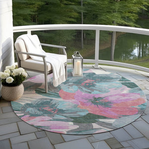 HomeRoots 5' Teal Blue and Aqua Floral Area Rug - Durable, Washable Design for Indoor and Outdoor Spaces 8' Round 611098