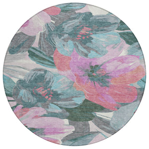 HomeRoots 5' Teal Blue and Aqua Floral Area Rug - Durable, Washable Design for Indoor and Outdoor Spaces 8' Round 611098