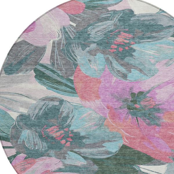 HomeRoots 5' Teal Blue and Aqua Floral Area Rug - Durable, Washable Design for Indoor and Outdoor Spaces 8' Round 611098