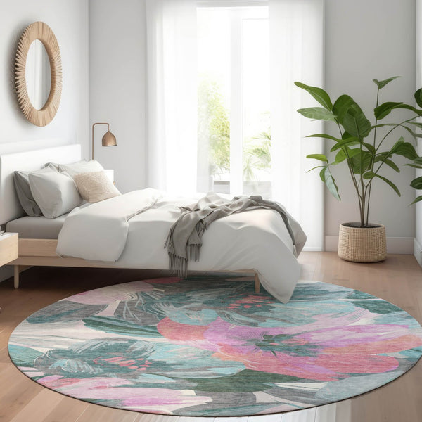 HomeRoots 5' Teal Blue and Aqua Floral Area Rug - Durable, Washable Design for Indoor and Outdoor Spaces 8' Round 611098