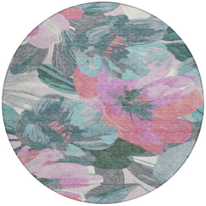 HomeRoots 5' Teal Blue and Aqua Floral Area Rug - Durable, Washable Design for Indoor and Outdoor Spaces 8' Round 611098