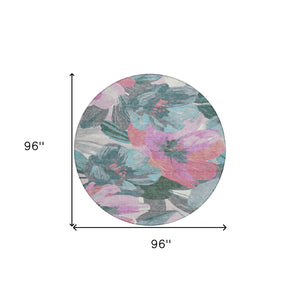 HomeRoots 5' Teal Blue and Aqua Floral Area Rug - Durable, Washable Design for Indoor and Outdoor Spaces 8' Round 611098