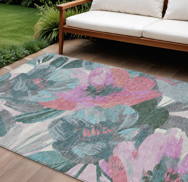 HomeRoots 9' Indoor Outdoor Teal Blue Aqua Floral Area Rug - Washable, Durable, Versatile for Any Space! 611100